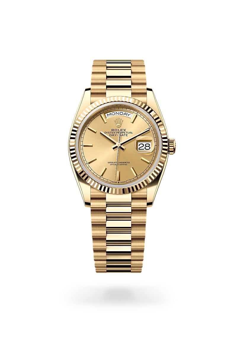 Rolex Day-Date 36 in 18 ct yellow gold with a Champagne-colour dial, Fluted bezel, President, semi-circular three-piece links bracelet