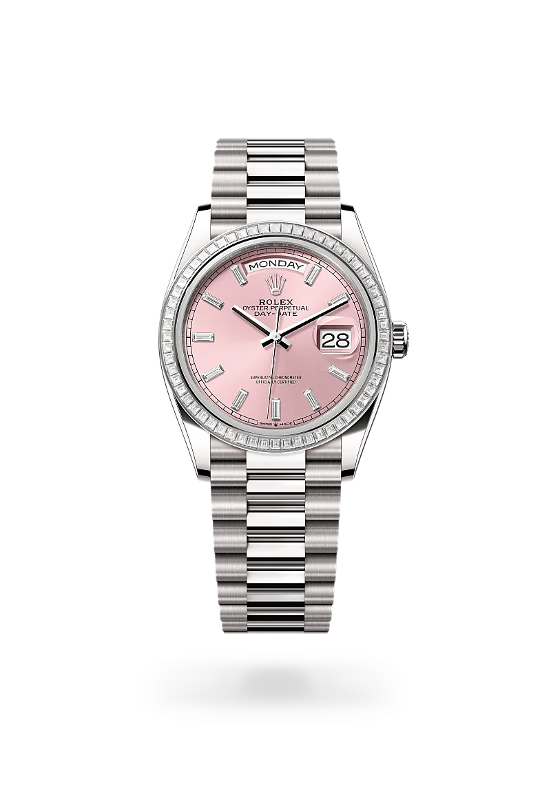 Rolex Day-Date 36 in 18 ct white gold with a Pink set with diamonds dial, Set with diamonds bezel, President, semi-circular three-piece links bracelet