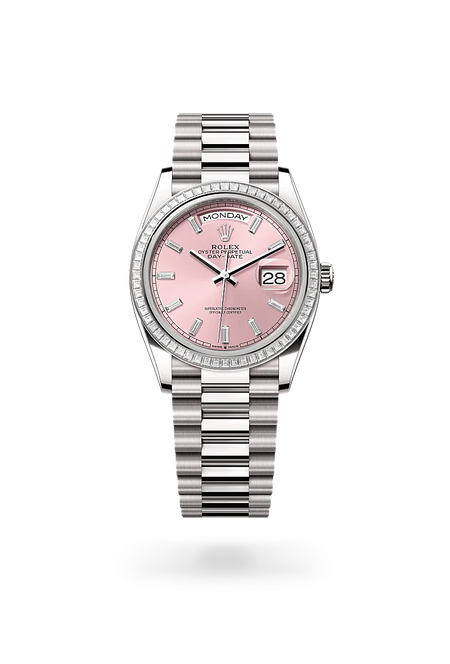 Rolex Day-Date 36 in 18 ct white gold with a Pink set with diamonds dial, Set with diamonds bezel, President, semi-circular three-piece links bracelet