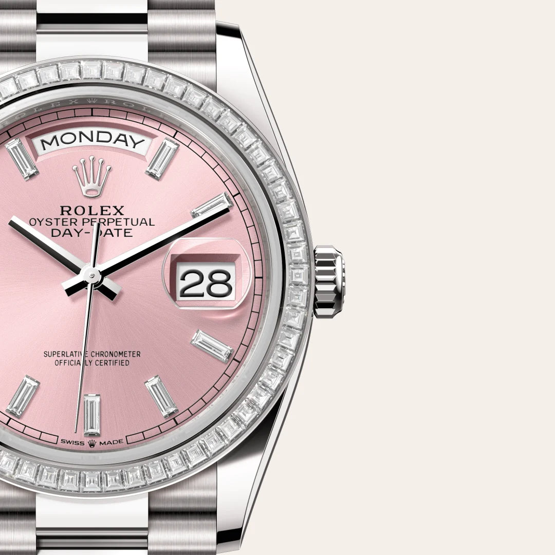 Rolex Day-Date 36 in 18 ct white gold with a Pink set with diamonds dial, Set with diamonds bezel, President, semi-circular three-piece links bracelet