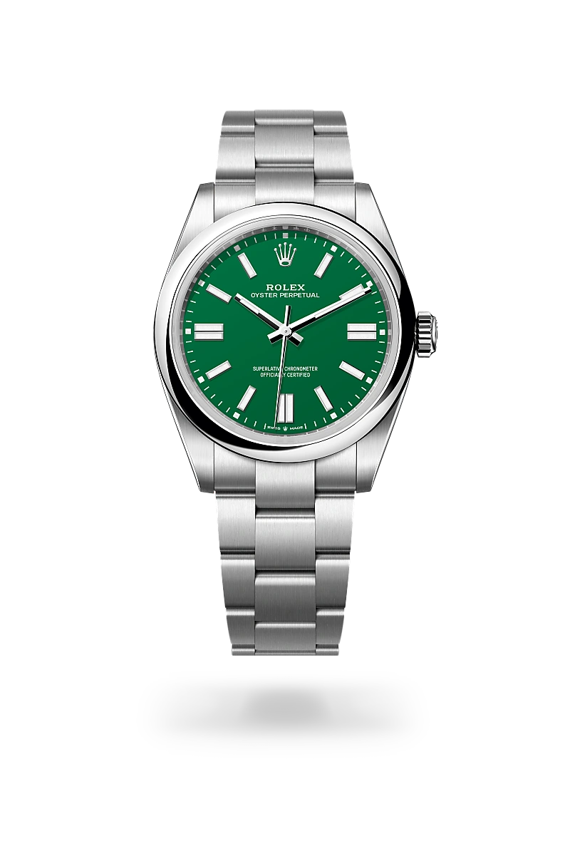 Rolex Oyster Perpetual 41 in Oystersteel with a Green dial, Domed bezel, Oyster, three-piece solid links bracelet
