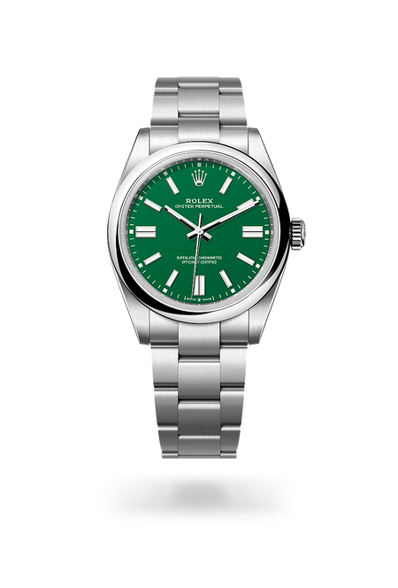 Rolex Oyster Perpetual 41 in Oystersteel with a Green dial, Domed bezel, Oyster, three-piece solid links bracelet