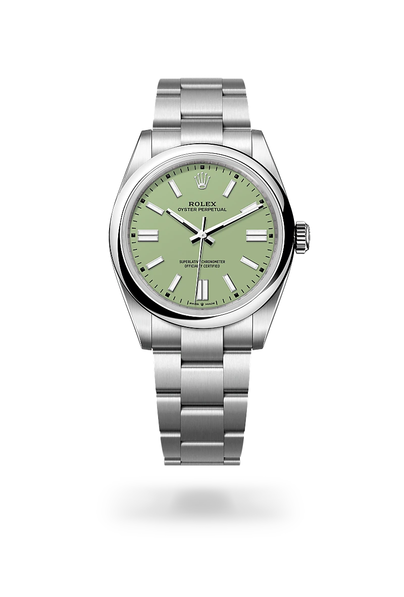 Rolex Oyster Perpetual 41 in Oystersteel with a Pistachio dial, Domed bezel, Oyster, three-piece solid links bracelet