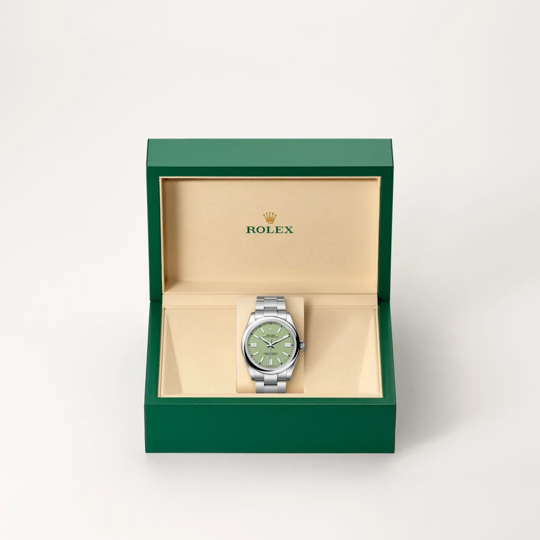 Rolex Oyster Perpetual 41 in Oystersteel with a Pistachio dial, Domed bezel, Oyster, three-piece solid links bracelet