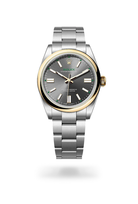 Rolex Oyster Perpetual 41 in Yellow Rolesor - combination of Oystersteel and yellow gold with a Slate dial, Domed bezel, Oyster, three-piece solid links bracelet