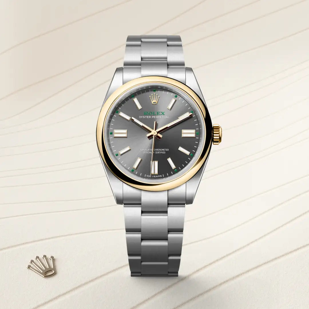 Rolex Oyster Perpetual 41 in Yellow Rolesor - combination of Oystersteel and yellow gold with a Slate dial, Domed bezel, Oyster, three-piece solid links bracelet