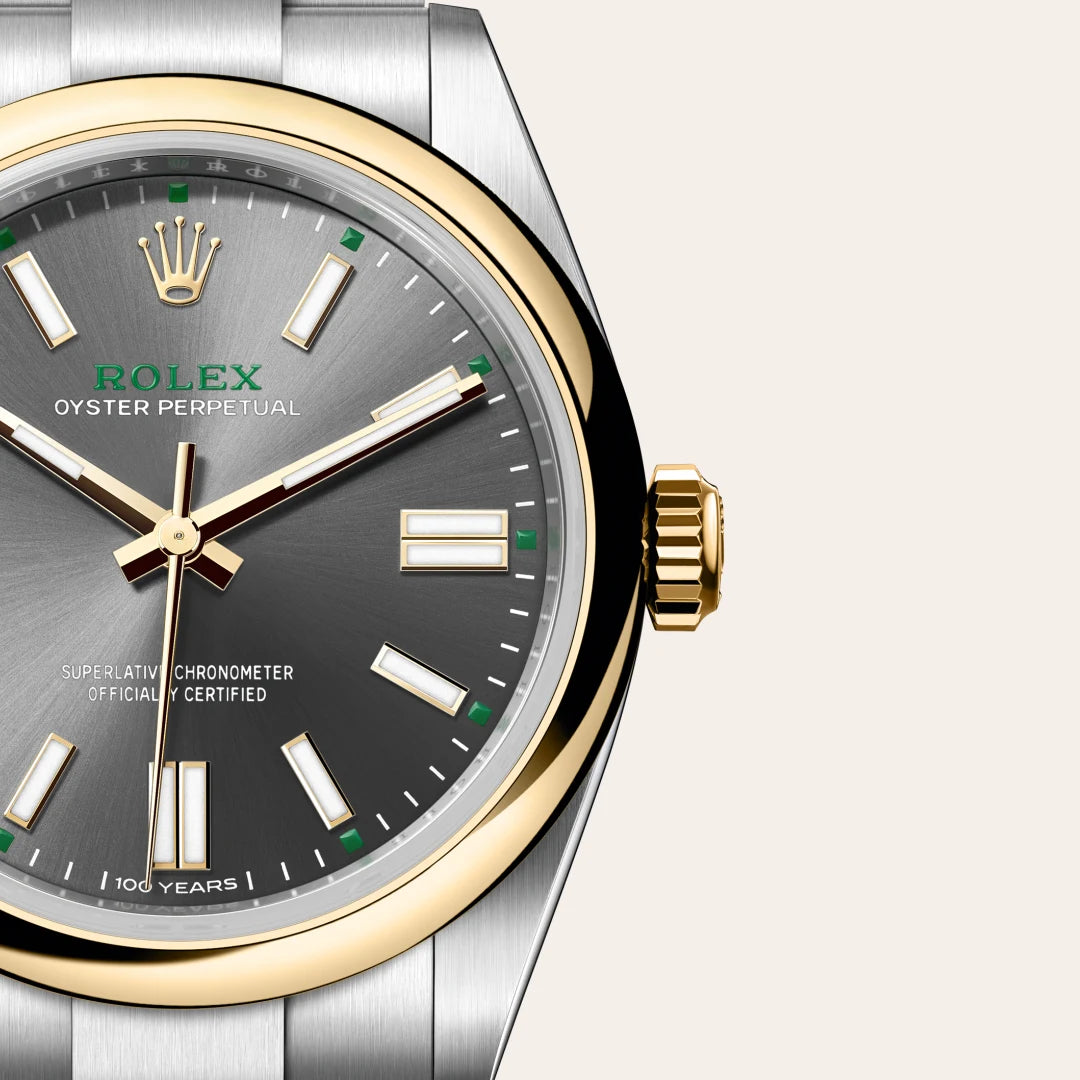 Rolex Oyster Perpetual 41 in Yellow Rolesor - combination of Oystersteel and yellow gold with a Slate dial, Domed bezel, Oyster, three-piece solid links bracelet