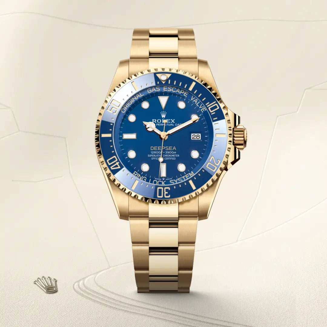 Rolex Rolex Deepsea in 18 ct yellow gold with a Blue dial, Unidirectional rotatable 60-minute graduated, scratch-resistant Cerachrom insert in blue ceramic, numerals and graduations coated in gold bezel, Oyster, three-piece solid links bracelet