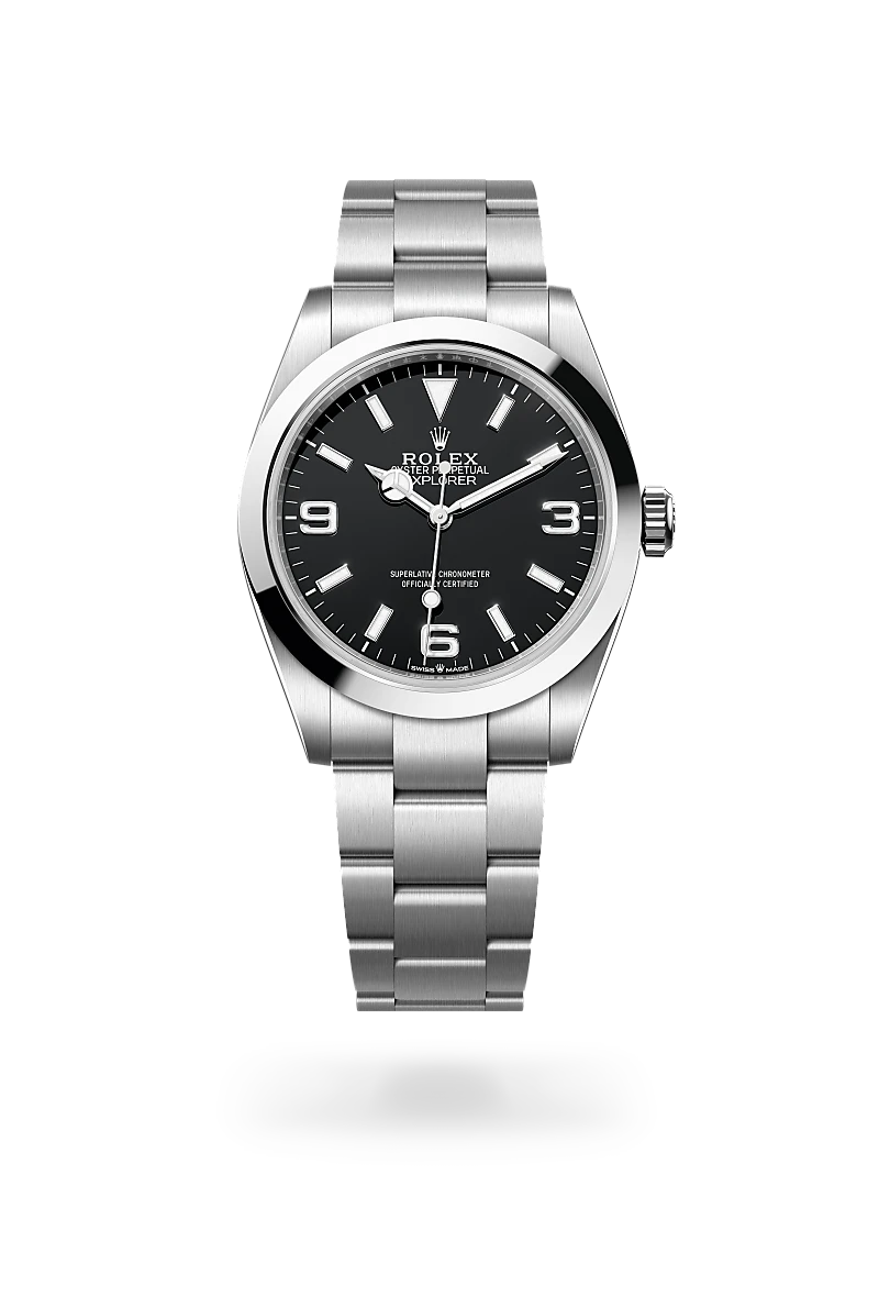 Rolex Explorer 40 in Oystersteel with a Black dial, Smooth bezel, Oyster, three-piece solid links bracelet