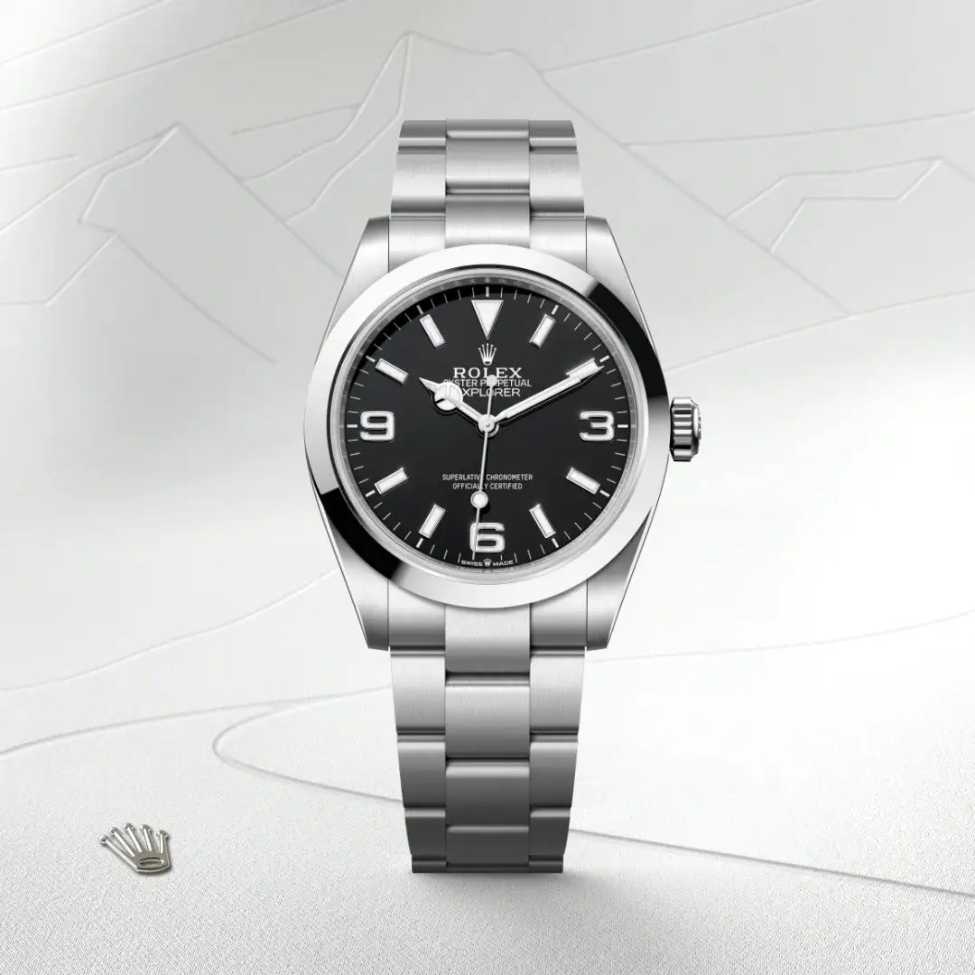 Rolex Explorer 40 in Oystersteel with a Black dial, Smooth bezel, Oyster, three-piece solid links bracelet