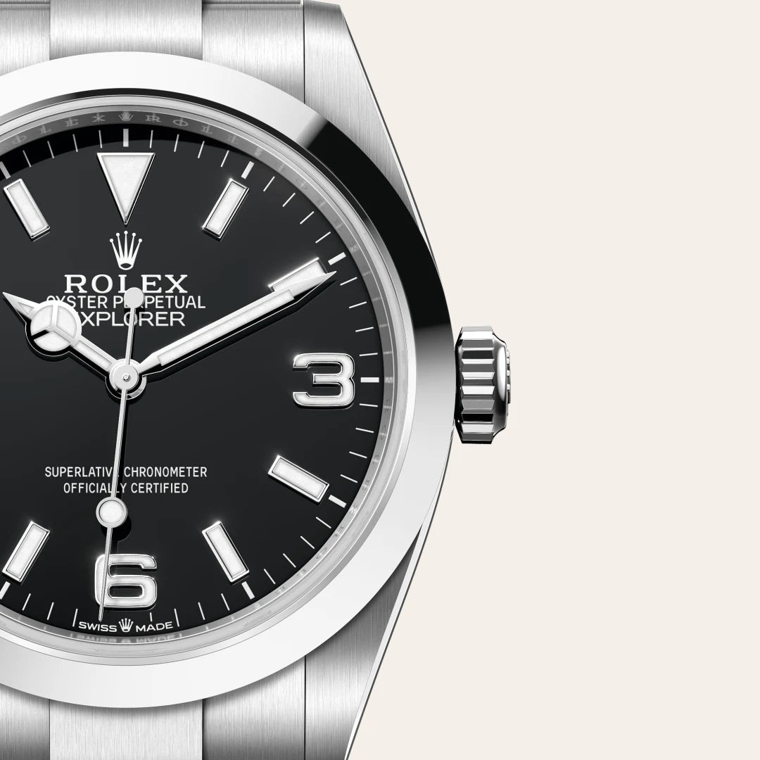Rolex Explorer 40 in Oystersteel with a Black dial, Smooth bezel, Oyster, three-piece solid links bracelet
