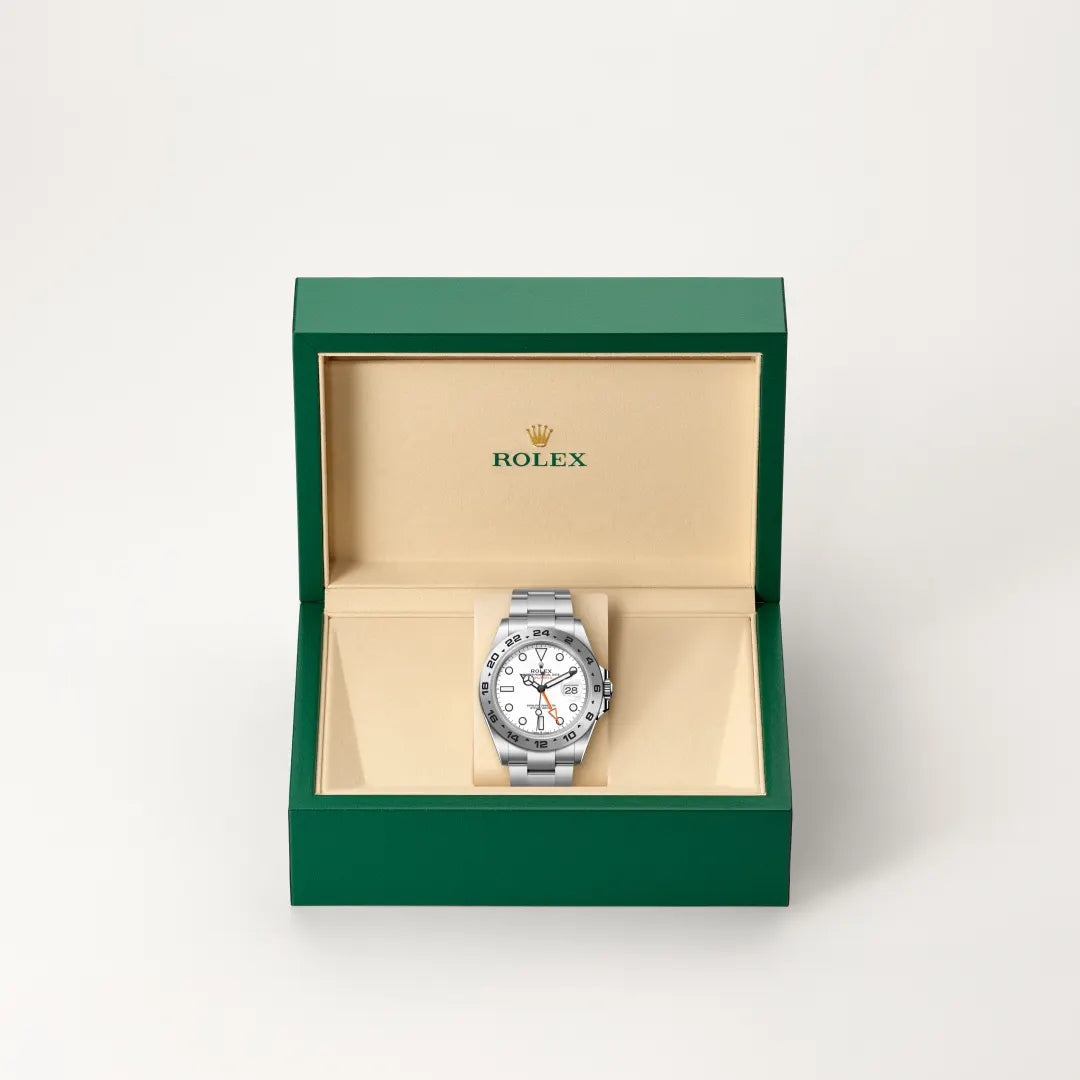 Rolex Explorer II in Oystersteel with a White dial, Fixed, 24-hour graduated bezel, Oyster, three-piece solid links bracelet