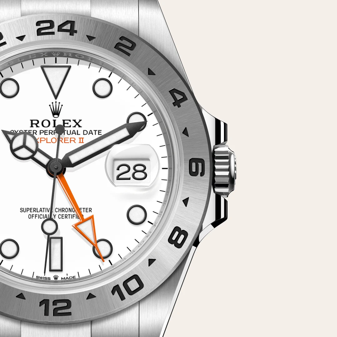 Rolex Explorer II in Oystersteel with a White dial, Fixed, 24-hour graduated bezel, Oyster, three-piece solid links bracelet