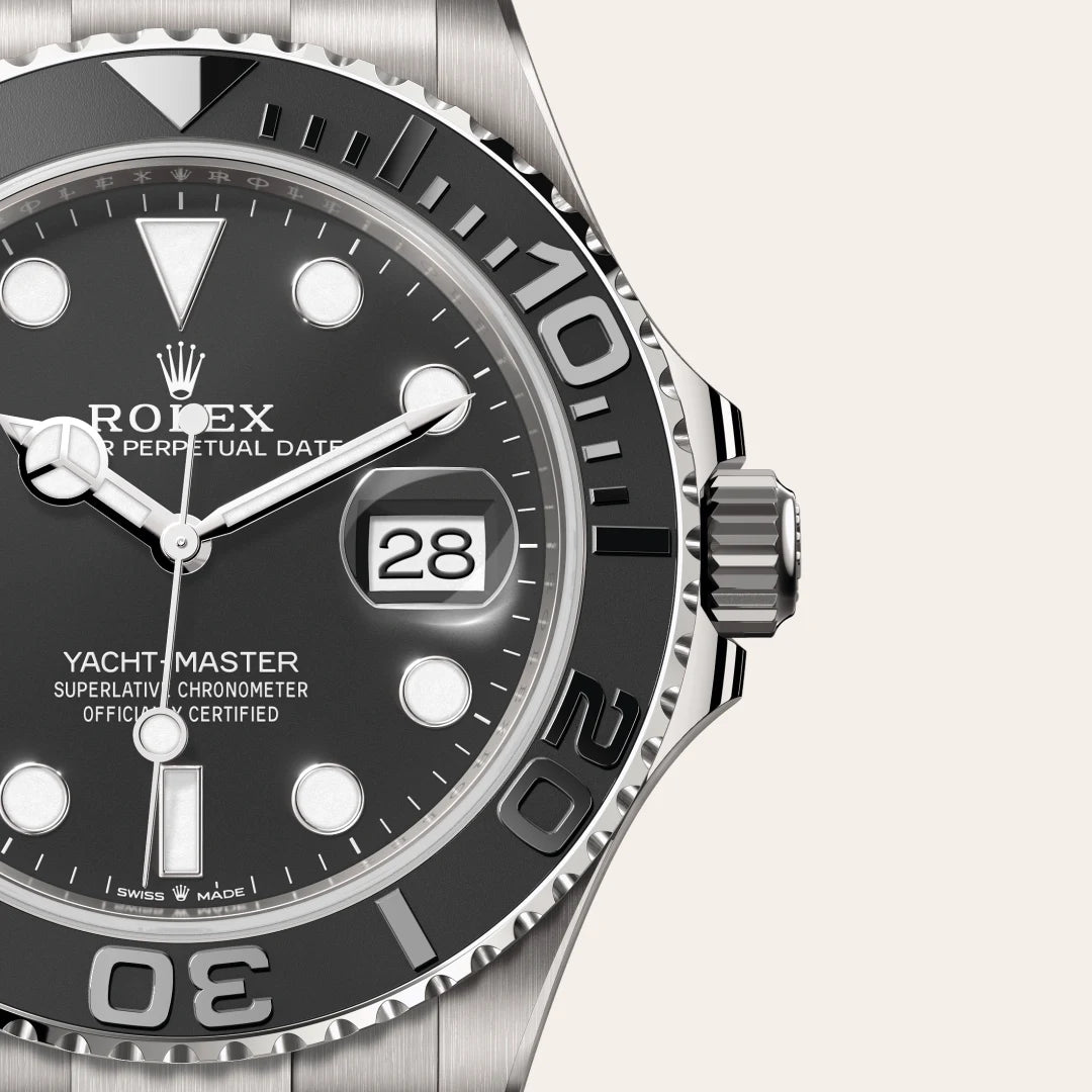 Rolex Yacht-Master 42 in RLX titanium with a Intense black dial, Bidirectional rotatable 60-minute graduated bezel with matt black Cerachrom insert in ceramic, polished raised numerals and graduations bezel, Oyster, three-piece solid links bracelet