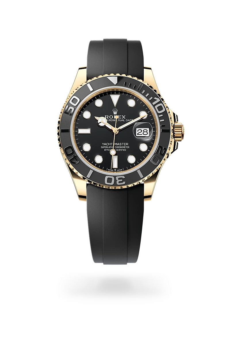 Rolex Yacht-Master 42 in 18 ct yellow gold with a Black dial, Bidirectional rotatable 60-minute graduated bezel with matt black Cerachrom insert in ceramic, polished raised numerals and graduations bezel, Oysterflex bracelet