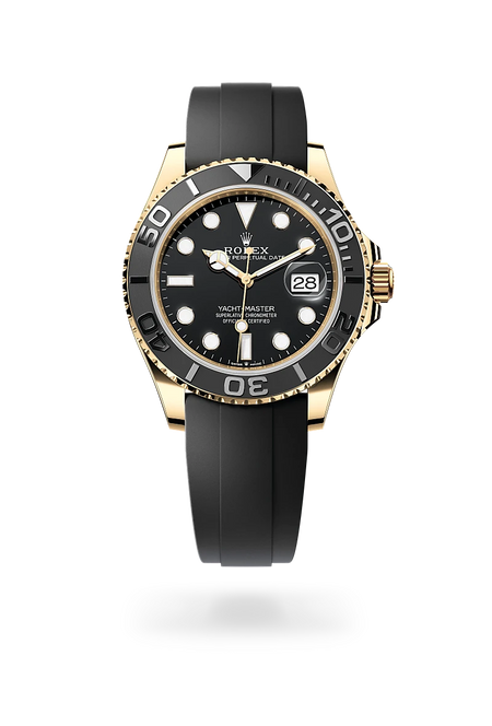 Rolex Yacht-Master 42 in 18 ct yellow gold with a Black dial, Bidirectional rotatable 60-minute graduated bezel with matt black Cerachrom insert in ceramic, polished raised numerals and graduations bezel, Oysterflex bracelet