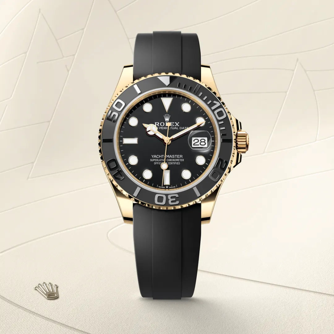 Rolex Yacht-Master 42 in 18 ct yellow gold with a Black dial, Bidirectional rotatable 60-minute graduated bezel with matt black Cerachrom insert in ceramic, polished raised numerals and graduations bezel, Oysterflex bracelet