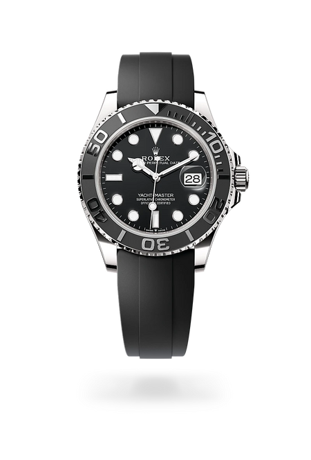 Rolex Yacht-Master 42 in 18 ct white gold with a Black dial, Bidirectional rotatable 60-minute graduated bezel with matt black Cerachrom insert in ceramic, polished raised numerals and graduations bezel, Oysterflex bracelet