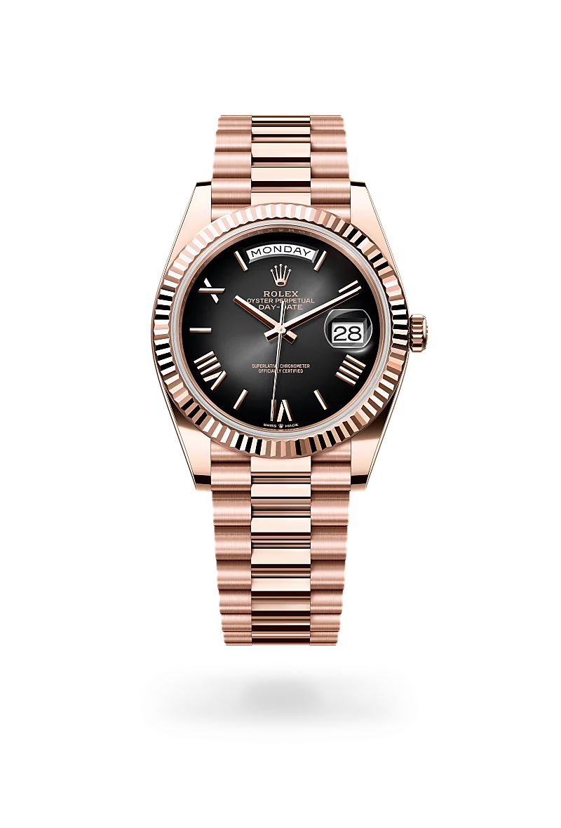 Rolex Day-Date 40 in 18 ct Everose gold with a Slate ombré dial, Fluted bezel, President, semi-circular three-piece links bracelet
