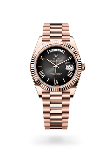 Rolex Day-Date 40 in 18 ct Everose gold with a Slate ombré dial, Fluted bezel, President, semi-circular three-piece links bracelet