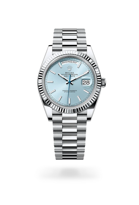 Rolex Day-Date 40 in Platinum with a Ice blue dial, Fluted bezel, President, semi-circular three-piece links bracelet