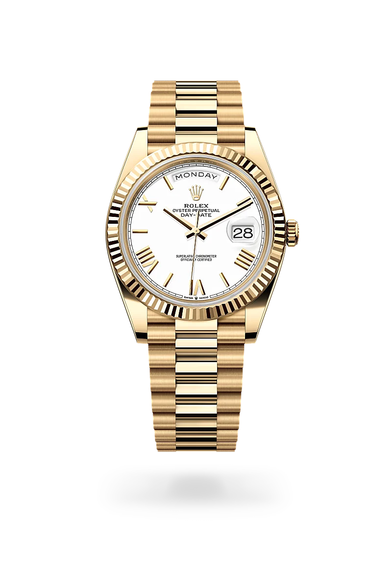 Rolex Day-Date 40 in 18 ct yellow gold with a White dial, Fluted bezel, President, semi-circular three-piece links bracelet