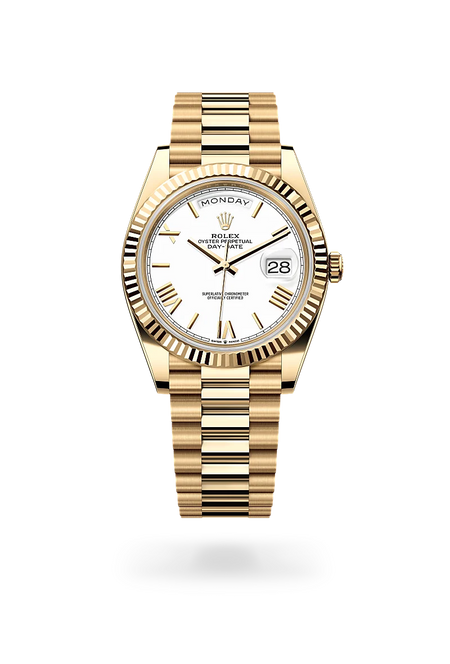 Rolex Day-Date 40 in 18 ct yellow gold with a White dial, Fluted bezel, President, semi-circular three-piece links bracelet