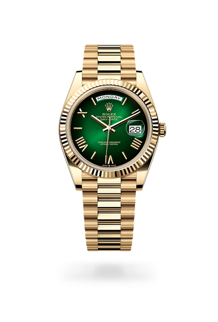 Rolex Day-Date 40 in 18 ct yellow gold with a Green ombré dial, Fluted bezel, President, semi-circular three-piece links bracelet