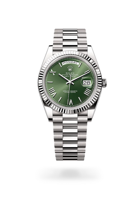 Rolex Day-Date 40 in 18 ct white gold with a Olive green dial, Fluted bezel, President, semi-circular three-piece links bracelet