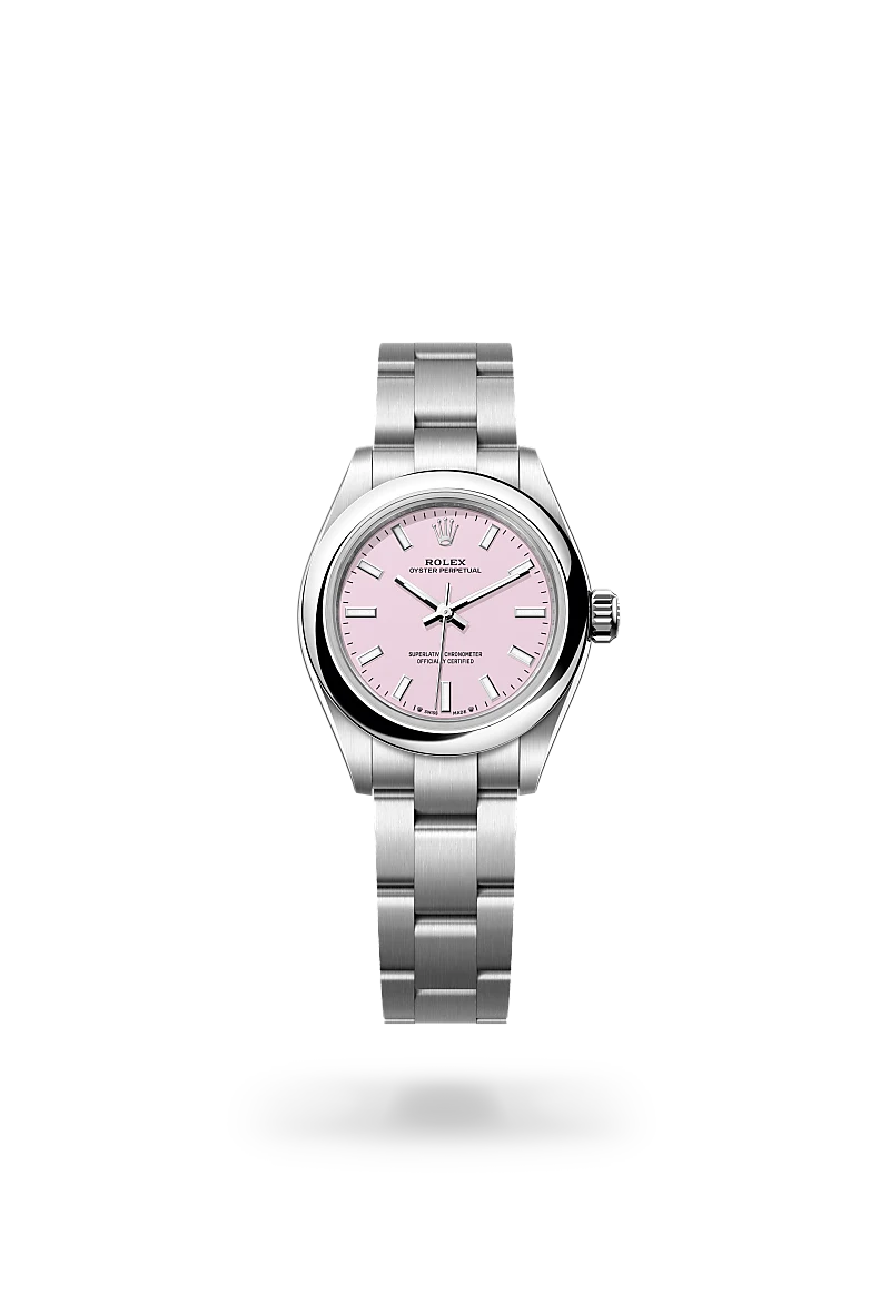 Rolex Oyster Perpetual 28 in Oystersteel with a Candy pink dial, Domed bezel, Oyster, three-piece solid links bracelet