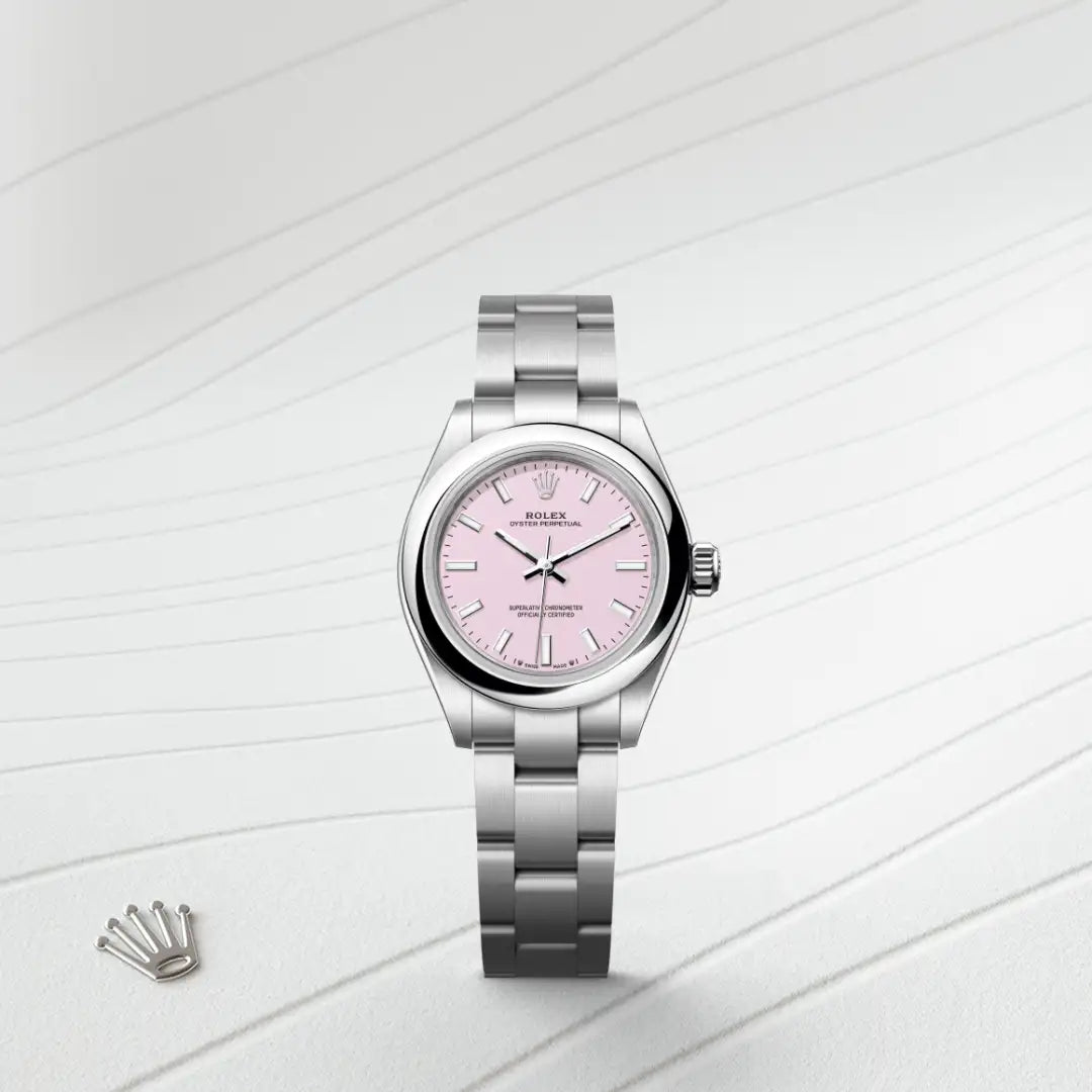 Rolex Oyster Perpetual 28 in Oystersteel with a Candy pink dial, Domed bezel, Oyster, three-piece solid links bracelet