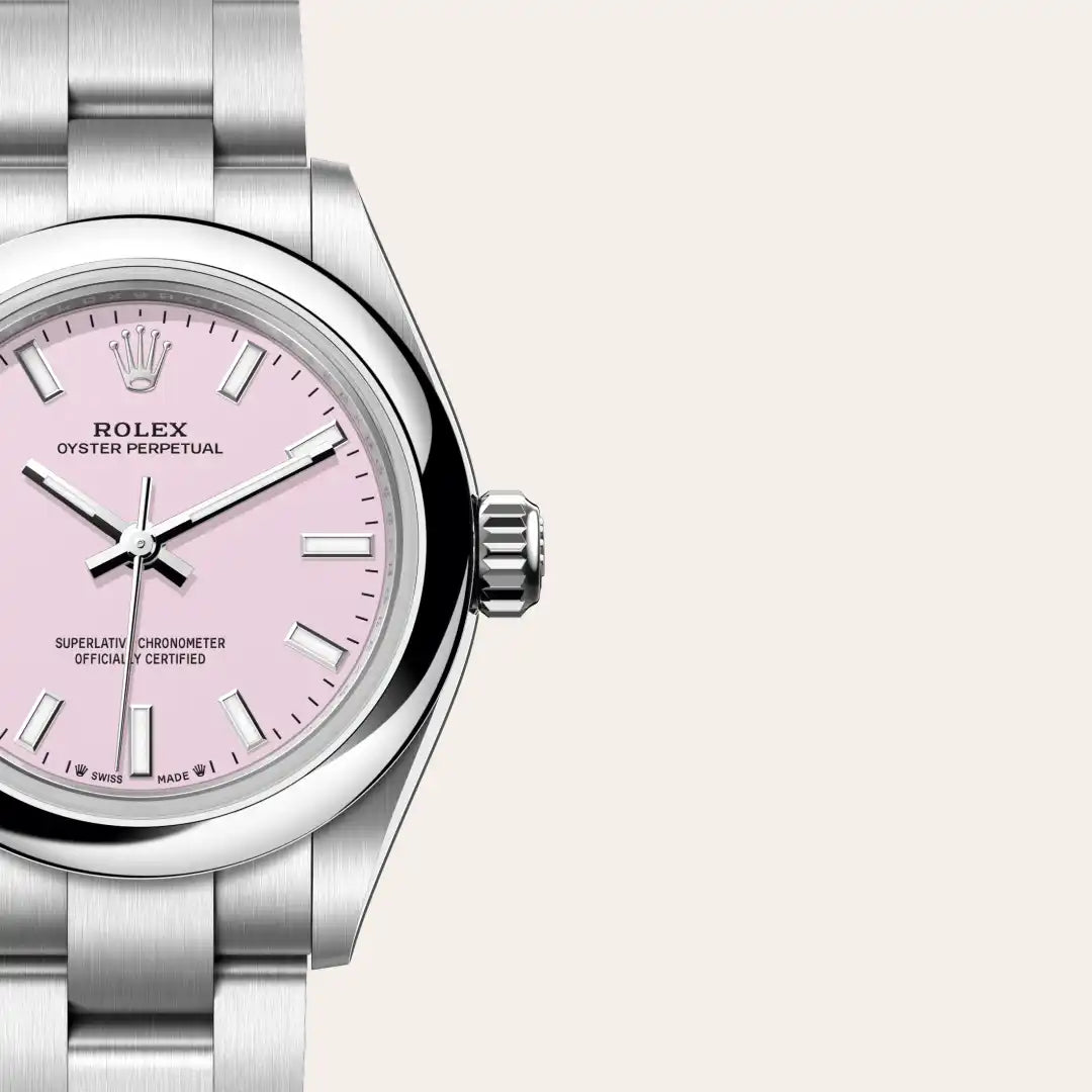 Rolex Oyster Perpetual 28 in Oystersteel with a Candy pink dial, Domed bezel, Oyster, three-piece solid links bracelet