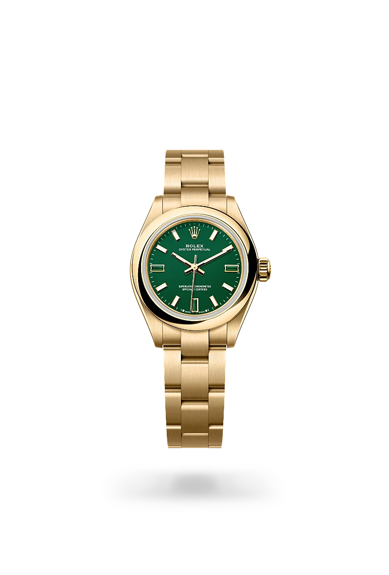 Rolex Oyster Perpetual 28 in 18 ct yellow gold with a Green stone dial, Domed bezel, Oyster, three-piece solid links bracelet