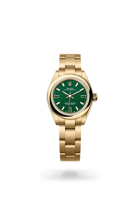 Rolex Oyster Perpetual 28 in 18 ct yellow gold with a Green stone dial, Domed bezel, Oyster, three-piece solid links bracelet