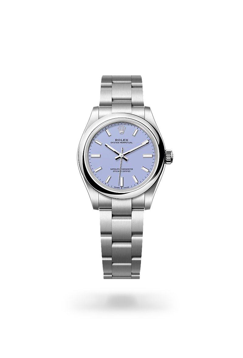 Rolex Oyster Perpetual 31 in Oystersteel with a Lavender dial, Domed bezel, Oyster, three-piece solid links bracelet