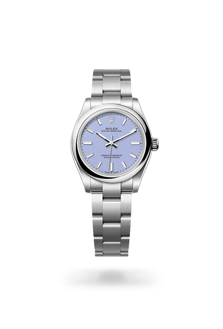 Rolex Oyster Perpetual 31 in Oystersteel with a Lavender dial, Domed bezel, Oyster, three-piece solid links bracelet