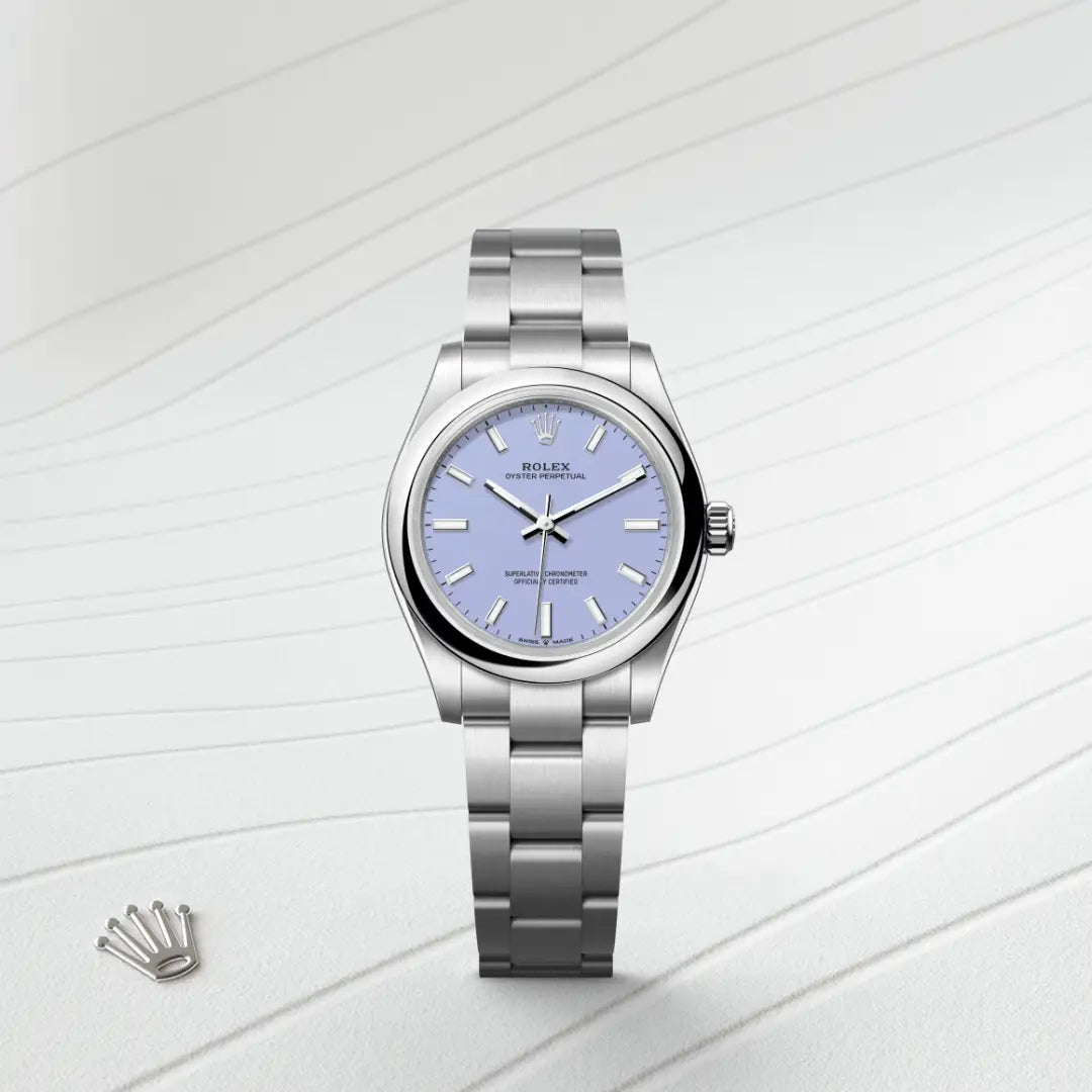 Rolex Oyster Perpetual 31 in Oystersteel with a Lavender dial, Domed bezel, Oyster, three-piece solid links bracelet