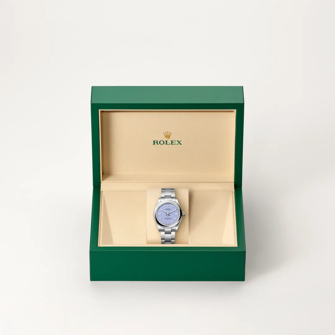 Rolex Oyster Perpetual 31 in Oystersteel with a Lavender dial, Domed bezel, Oyster, three-piece solid links bracelet