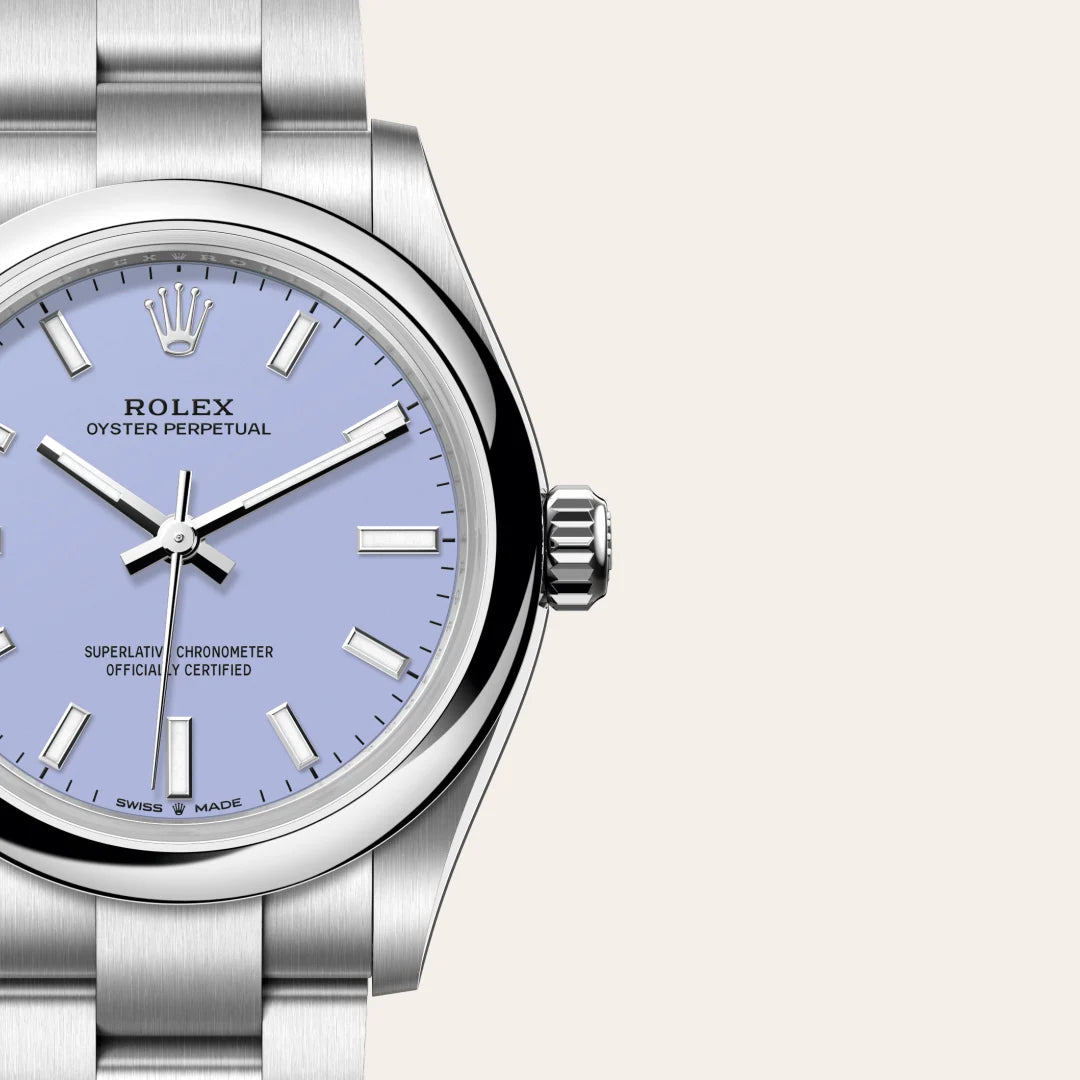 Rolex Oyster Perpetual 31 in Oystersteel with a Lavender dial, Domed bezel, Oyster, three-piece solid links bracelet