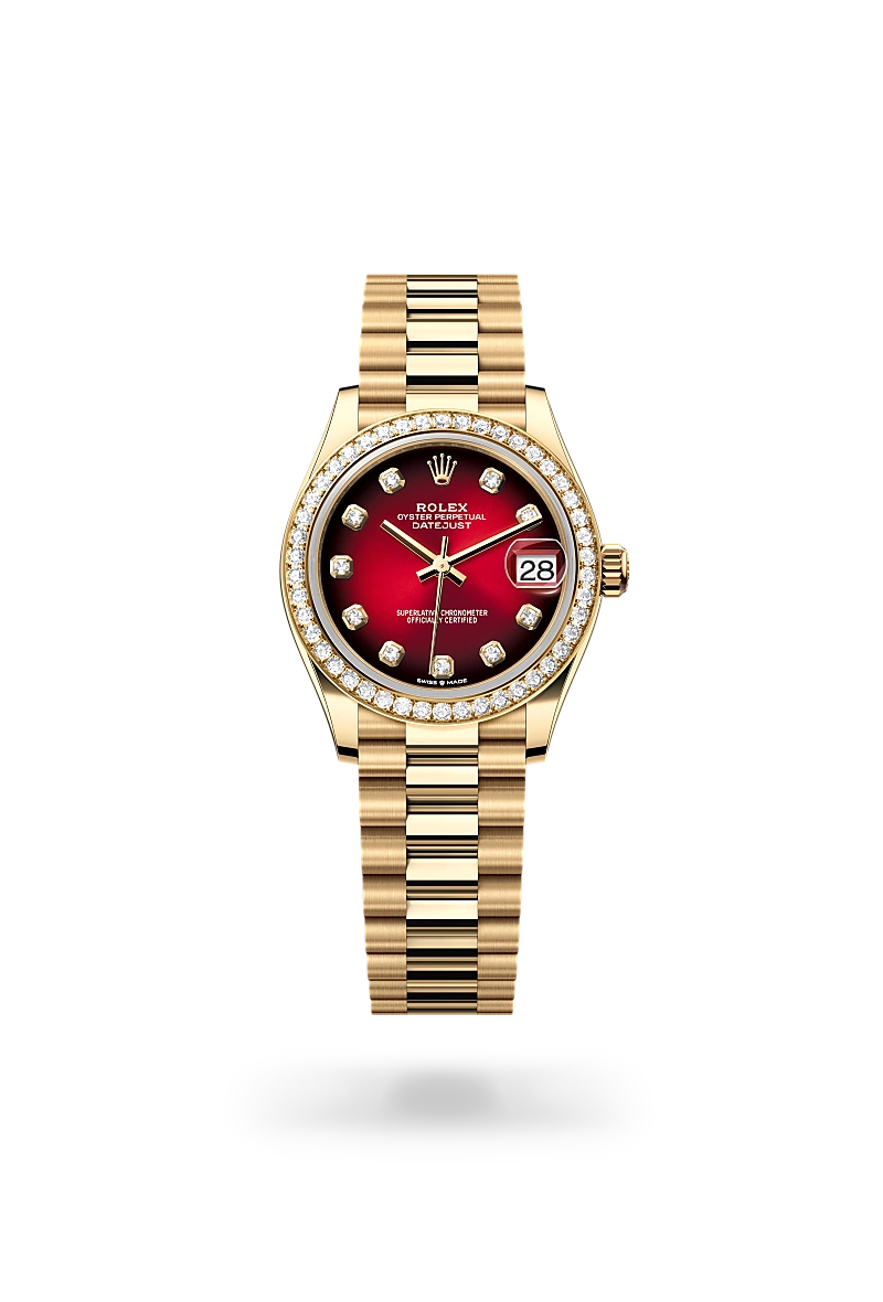 Rolex Datejust 31 in 18 ct yellow gold with a Red ombré set with diamonds dial, Diamond-set bezel, President, semi-circular three-piece links bracelet