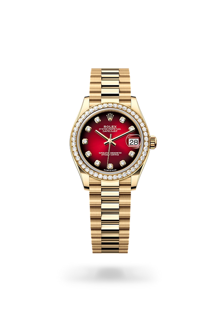 Rolex Datejust 31 in 18 ct yellow gold with a Red ombré set with diamonds dial, Diamond-set bezel, President, semi-circular three-piece links bracelet