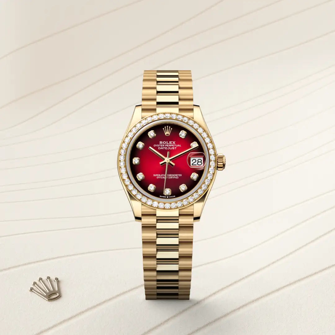 Rolex Datejust 31 in 18 ct yellow gold with a Red ombré set with diamonds dial, Diamond-set bezel, President, semi-circular three-piece links bracelet