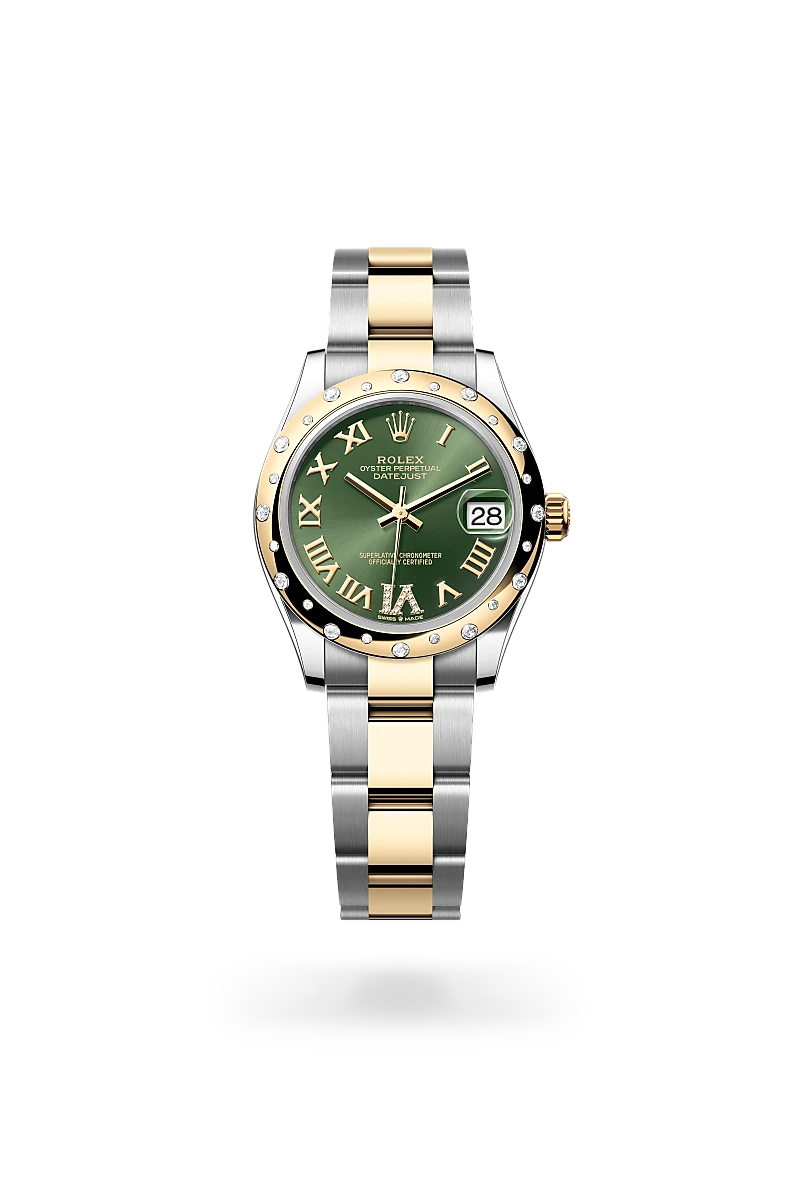 Rolex Datejust 31 in Yellow Rolesor - combination of Oystersteel and yellow gold with a Olive green set with diamonds dial, Domed, set with diamonds bezel, Oyster, three-piece solid links bracelet