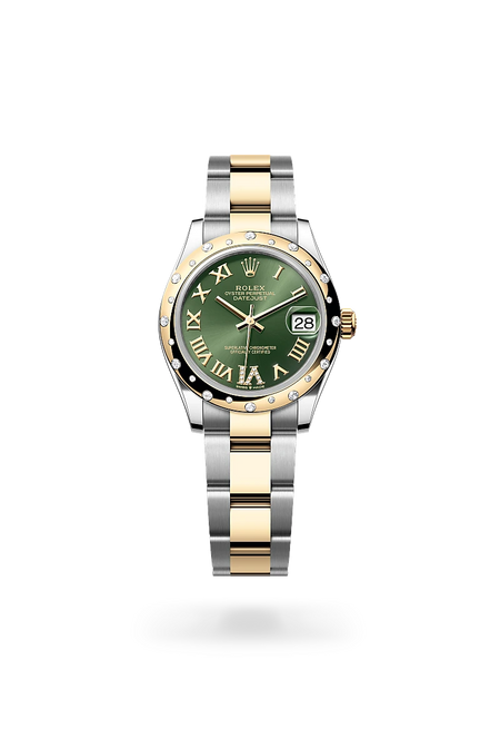 Rolex Datejust 31 in Yellow Rolesor - combination of Oystersteel and yellow gold with a Olive green set with diamonds dial, Domed, set with diamonds bezel, Oyster, three-piece solid links bracelet