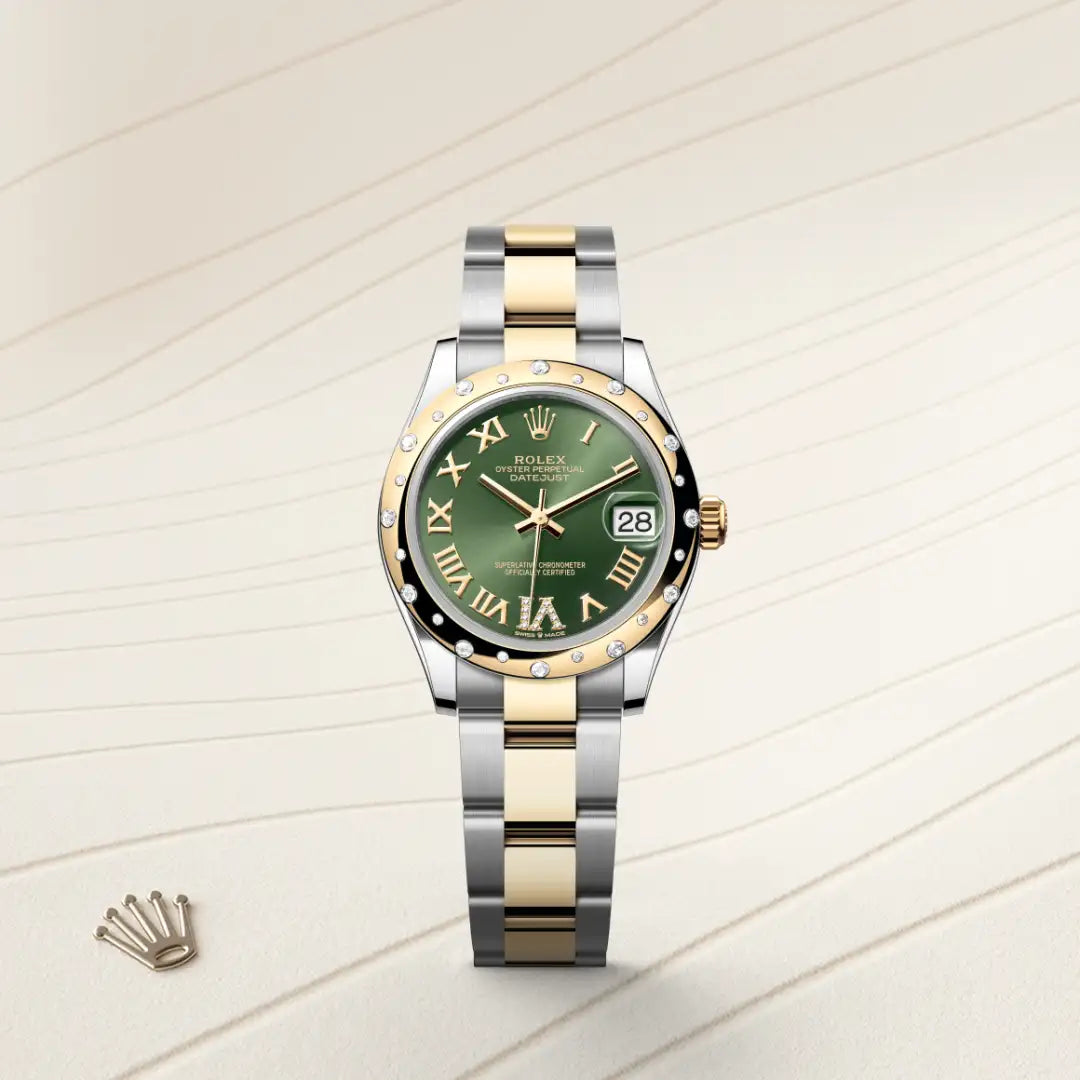 Rolex Datejust 31 in Yellow Rolesor - combination of Oystersteel and yellow gold with a Olive green set with diamonds dial, Domed, set with diamonds bezel, Oyster, three-piece solid links bracelet