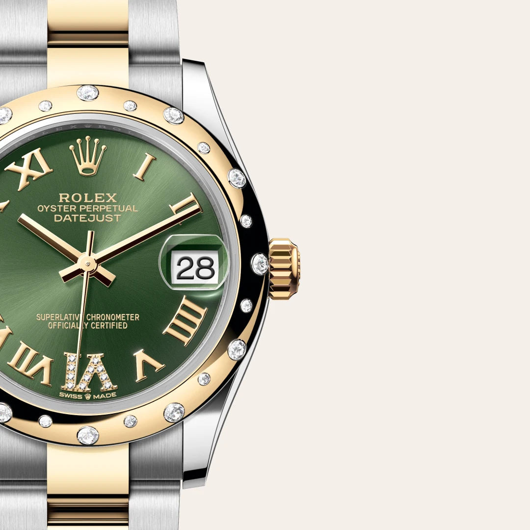 Rolex Datejust 31 in Yellow Rolesor - combination of Oystersteel and yellow gold with a Olive green set with diamonds dial, Domed, set with diamonds bezel, Oyster, three-piece solid links bracelet