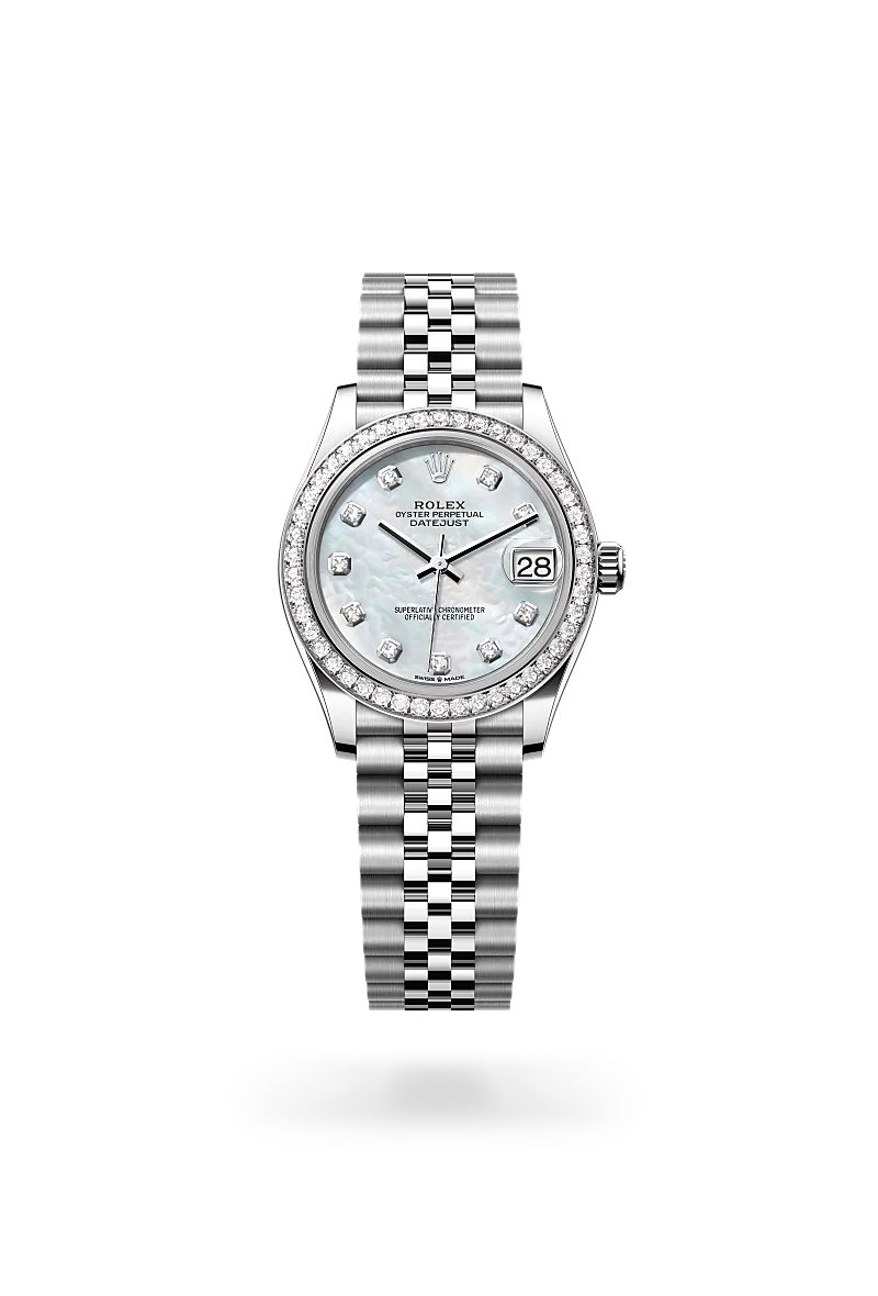 Rolex Datejust 31 in White Rolesor - combination of Oystersteel and white gold with a White mother-of-pearl set with diamonds dial, Diamond-set bezel, Jubilee, five-piece links bracelet