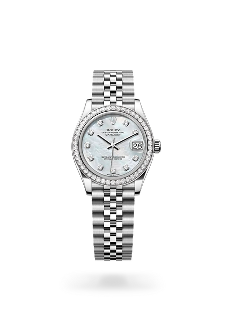 Rolex Datejust 31 in White Rolesor - combination of Oystersteel and white gold with a White mother-of-pearl set with diamonds dial, Diamond-set bezel, Jubilee, five-piece links bracelet