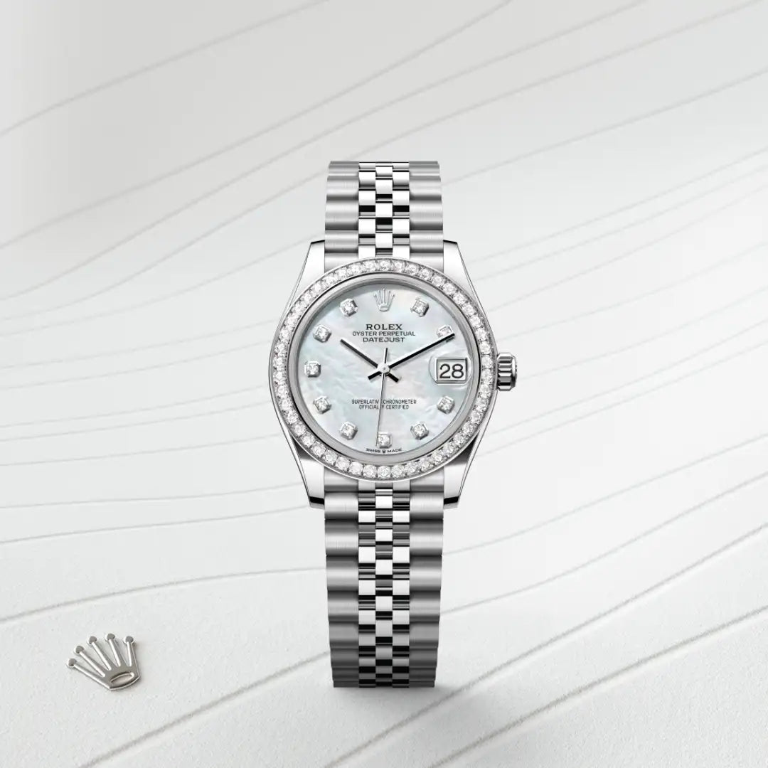 Rolex Datejust 31 in White Rolesor - combination of Oystersteel and white gold with a White mother-of-pearl set with diamonds dial, Diamond-set bezel, Jubilee, five-piece links bracelet