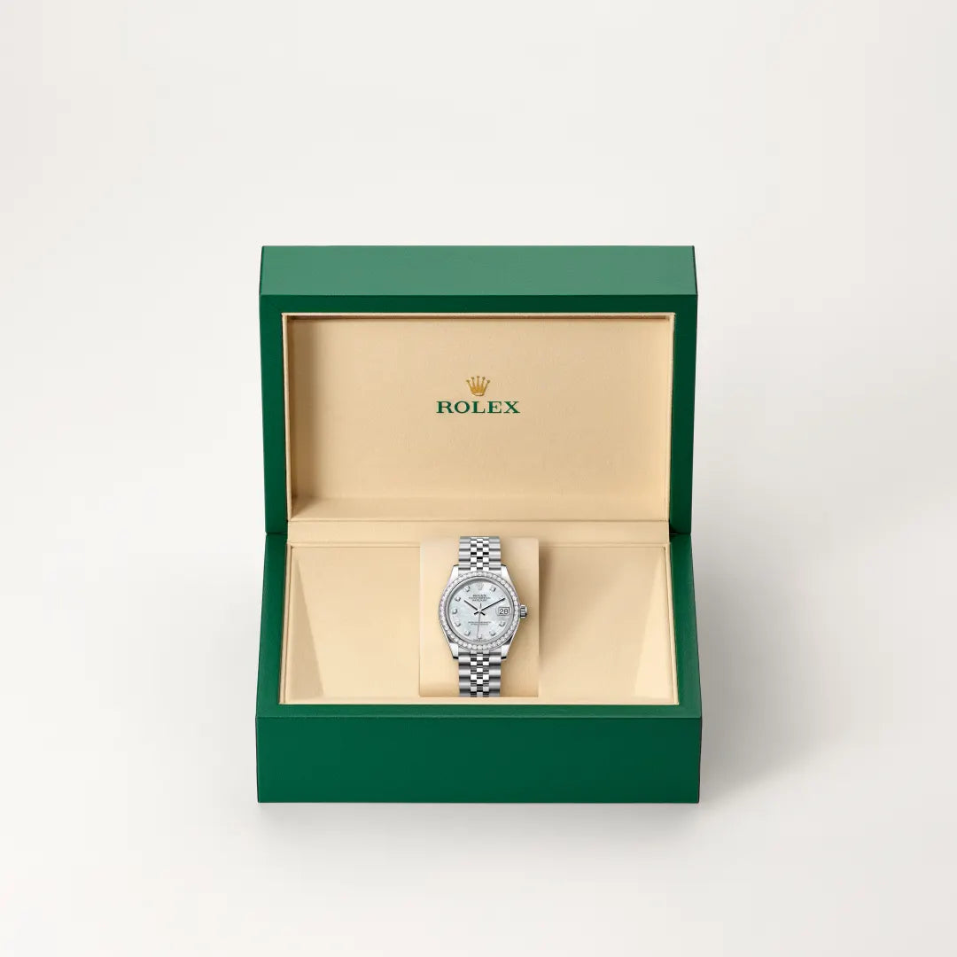 Rolex Datejust 31 in White Rolesor - combination of Oystersteel and white gold with a White mother-of-pearl set with diamonds dial, Diamond-set bezel, Jubilee, five-piece links bracelet
